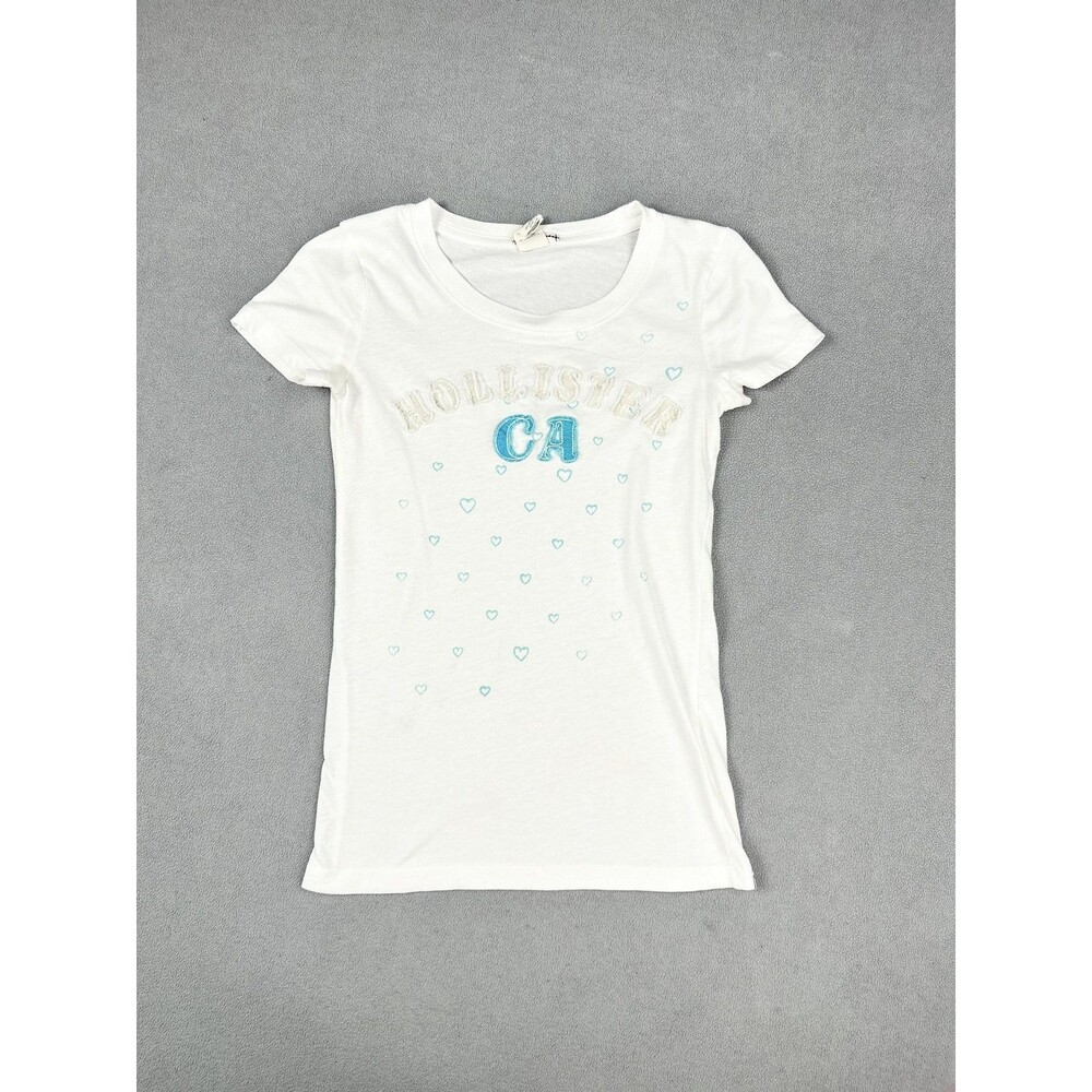 Vtg Hollister T-Shirt Juniors S White CA Heart Graphic Embroidered Baby Tee